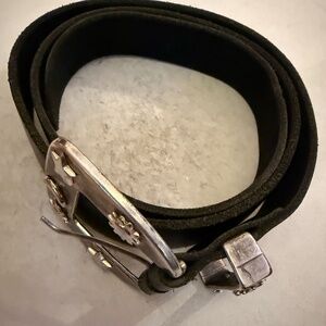 Black Leather Belt / "Retro Luxe" London Brand / Heavy Silver Buckle